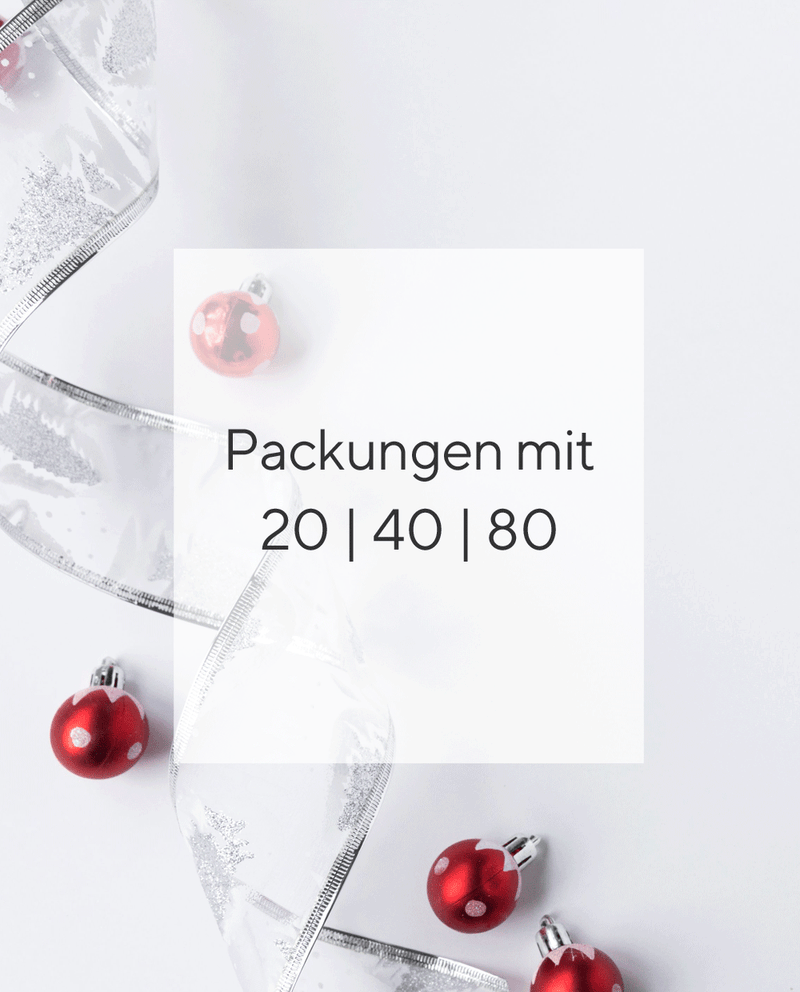 Vier rote Weihnachtskugeln liegen, zusammen mit einem geschwungenem Stück silbernen Weihnachtsgeschenkband, auf  einem weißen Hintergrund. Im Vordergrund sind vier große Weihnachtsaufkleber, in Gold, Dunkelgrün, wieder in Gold und in Dunkelrot. Alle Aufkleber haben einen Weihnachtsgruß in der Schriftart Child Print - zwei sind personalisiert, die beiden Anderen sind mit einer allgemeinen Weihnachtsbotschaft beschriftet. 