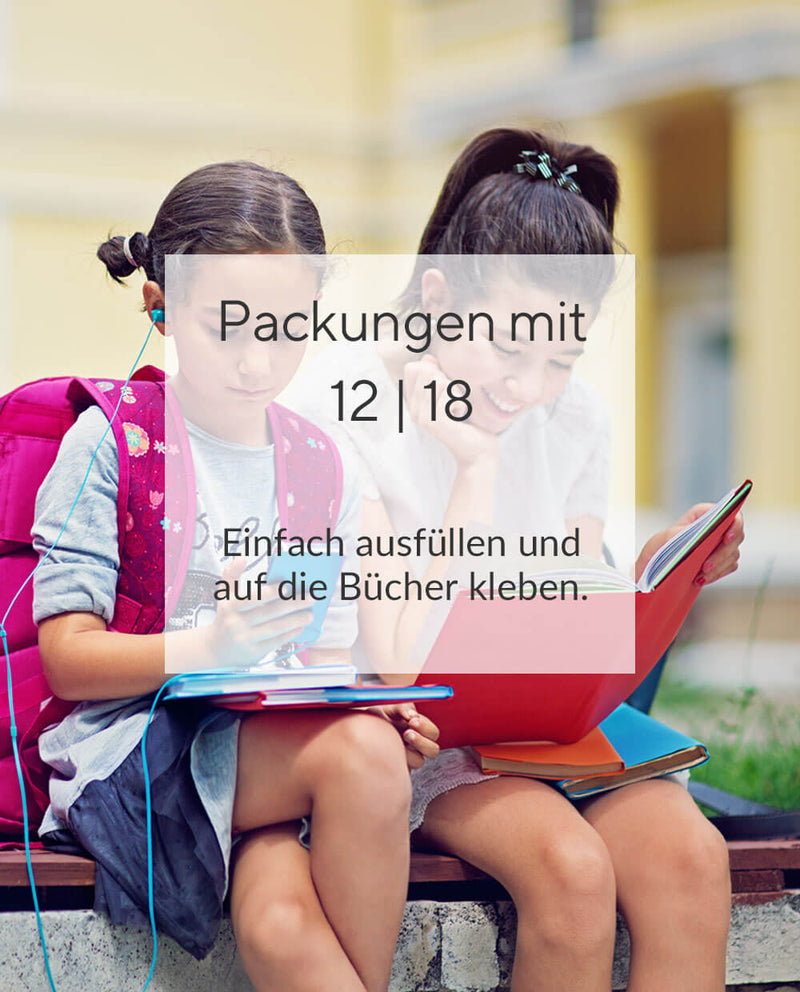 Orangefarbener Collegeblock auf weißem Hintergrund. Auf dem Schulheft kleben zwei mittelblaue Schulbuchaufkleber. Der obere Schulbuchaufkleber ist mit dem Namen von Marie Hoffmann in der Schriftart Clear & Simple beschriftet. Der untere Aufkleber ist mit den beiden Namen Finn Schulz und zusätzlich noch dem Motiv eines Blitzes bedruckt. Man kann auf beiden Schulbuchaufkleber das Fach, den Lehrer und die Klasse mit einem Stift eintragen.