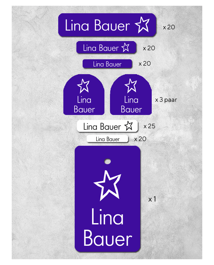 Eine Kombination aus Großen-, Kleinen-, Mini- und Schuhaufklebern und einem Taschenanhänger in lila. Außerdem jeweils eine Vorschau von weißen Bügeletiketten in Normal- und Minigröße. Alle  Etiketten sind beschriftet für einen Kundin namens Lina Bauer, in der Schriftart Clear and Simple mit einem Stern als Motiv. Alle Etiketten befinden sich auf einem grau meliertem Hintergrund.