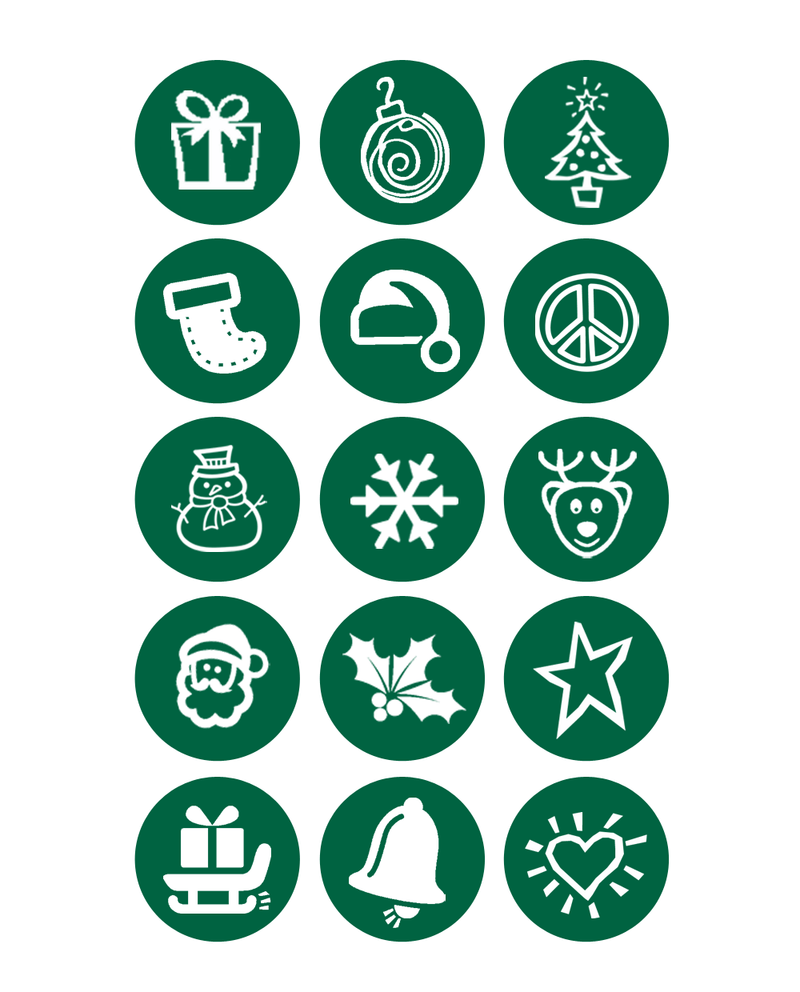 Es sind 15 dunkelgrüne runde Weihnachts-Spots auf weißem Hintergrund abgebildet. Auf den 15 Spots sind unterschiedliche Motive zu sehen. Ein Weihnachtsgeschenk, eine Weihnachtsbaumkugel, ein Tannenbaum, ein Nikolausstiefel, eine Weihnachtsmann Mütze, ein Friedenszeichen, ein Schneemann, eine Schneeflocke, ein Renntierkopf, ein Weihnachtsmannkopf, ein Ilex-Blatt, ein Stern, ein Schlitten mit einem Geschenk darauf, eine Glocke und ein Herz.