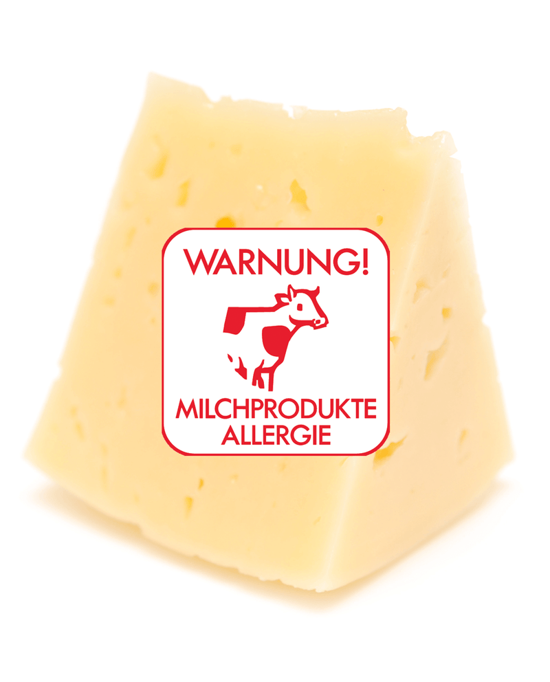 Ein Stück gelber löchriger Käse auf weißem Hintergrund. Auf dem Käse befindet sich ein weißer Aufkleber mit einem Kuhbild und rotem Text "Warnung - Milchprodukte Allergie" in der Schriftart Clear und Simple.