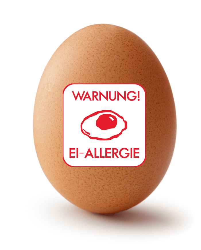 Ein hellbraunes Ei auf weißem Hintergrund. Im Vordergrund ist ein weißer in rotem Text geschriebener Ei-Allergie Warnaufkleber