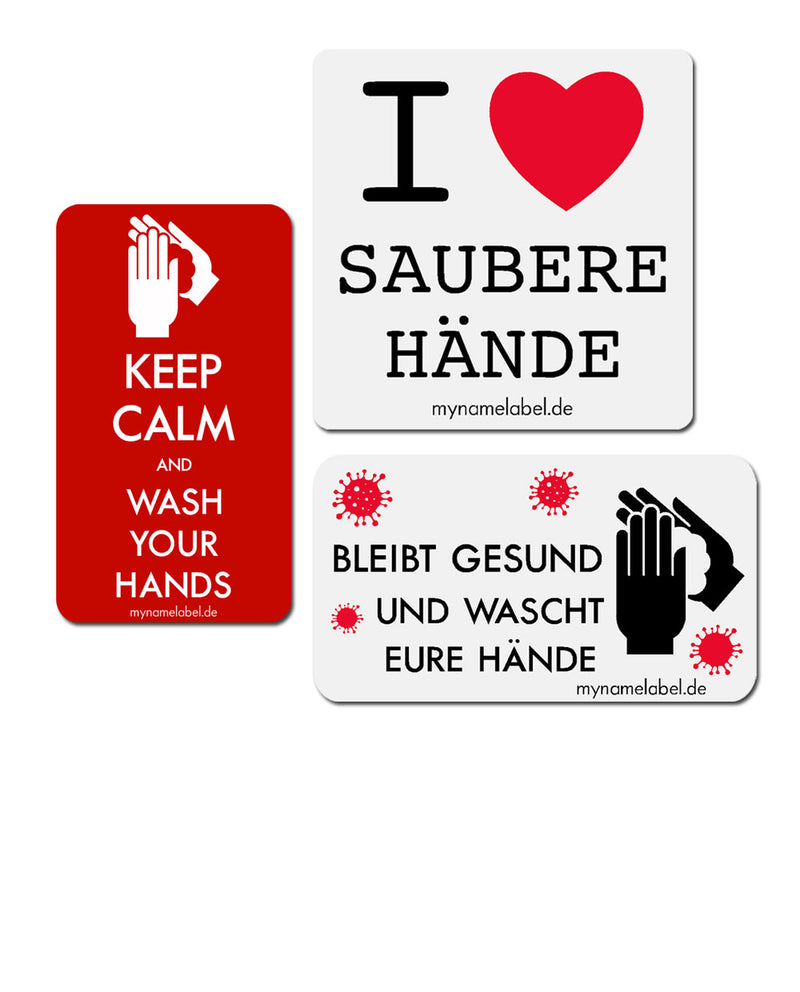 Es sind 3 verschiedene Aufkleber auf weißem Hintergrund zu sehen. Ein Aufkleber ist weiß und hat den Text "Ich liebe saubere Hände" und einem großen rotem Herz. Der andere ist ebenfalls weiß und hat den Text "Bleibt Gesund Und Wascht Eure Hände" mit 2 einseifenden Händen und pinkfarbene Coronaviren Symbole als Motiv. Der dritte Aufkleber ist rot und hat den Text "KEEP CALM AND WASH YOUR HANDS" und ebenfalls das Motiv der beiden einseifenden Hände