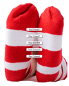 Zwei rot-weiß gestreifte Socken mit weißem Hintergrund. In der Mitte sind 5 weiße Mini Bügeletiketten mit dem Namen Paul Schmidt in verschiedenen Schriftarten und schwarzer Schrift abgebildet.